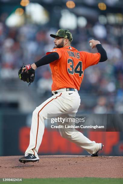 Jakob Junis of the San Francisco Giants pitches in the top of the first inning against the San Diego Padres at Oracle Park on May 20, 2022 in San...