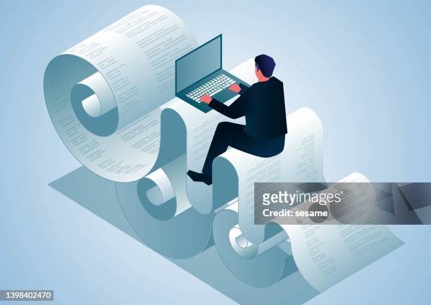 isometrischer geschäftsmann, der auf einem riesigen stapel von dokumenten sitzt und sich auf arbeit, papierkram und rechnungsprüfung konzentriert - frustration stock-grafiken, -clipart, -cartoons und -symbole