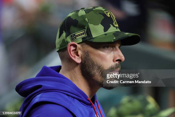 Manager Chris Woodward of the Texas Rangers looks on during the fourth inning against the Houston Astros at Minute Maid Park on May 20, 2022 in...