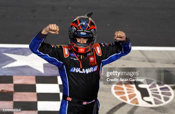 Stewart Friesen, driver of the Halmar International Toyota, celebrates after winning the NASCAR Camping World Truck Series SpeedyCash.com 220 at...