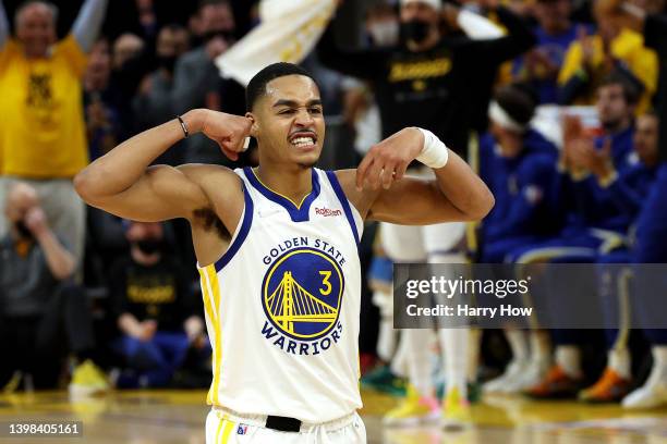 Jordan Poole of the Golden State Warriors celebrates a basket during the third quarter against the Dallas Mavericks in Game Two of the 2022 NBA...