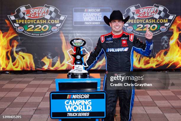 Stewart Friesen, driver of the Halmar International Toyota, celebrates in victory lane after winning the NASCAR Camping World Truck Series...