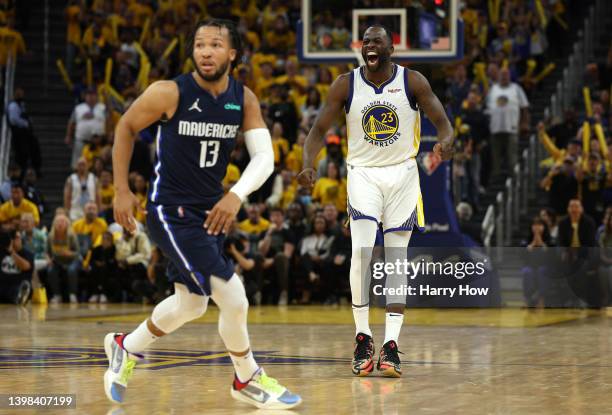 Draymond Green of the Golden State Warriors reacts after a missed basket during the fourth quarter against the Dallas Mavericks in Game Two of the...