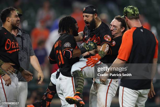Rougned Odor of the Baltimore Orioles celebrates after hitting a walk-off home run against the Tampa Bay Rays during the thirteenth inning at Oriole...