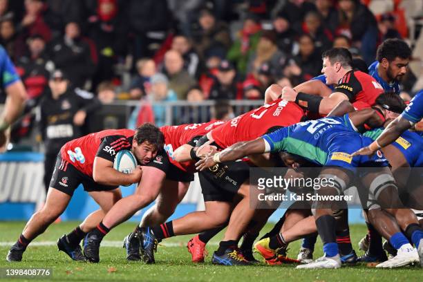 Shilo Klein of the Crusaders charges forward during the round 14 Super Rugby Pacific match between the Crusaders and the Fijian Drua at Orangetheory...