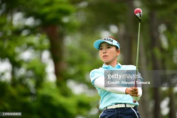 Chie Arimura of Japan hits her tee shot on the 5th hole during the third round of Bridgestone Ladies Open at Sodegaura Country Club Sodegaura Course...