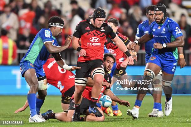 Corey Kellow of the Crusaders charges forward during the round 14 Super Rugby Pacific match between the Crusaders and the Fijian Drua at Orangetheory...