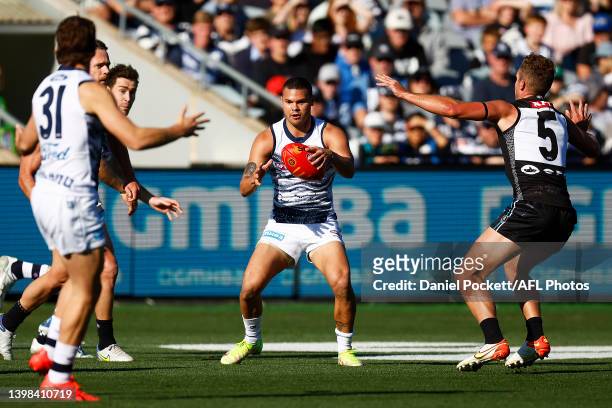 Brandan Parfitt of the Cats in action during the round 10 AFL match between the Geelong Cats and the Port Adelaide Power at GMHBA Stadium on May 21,...