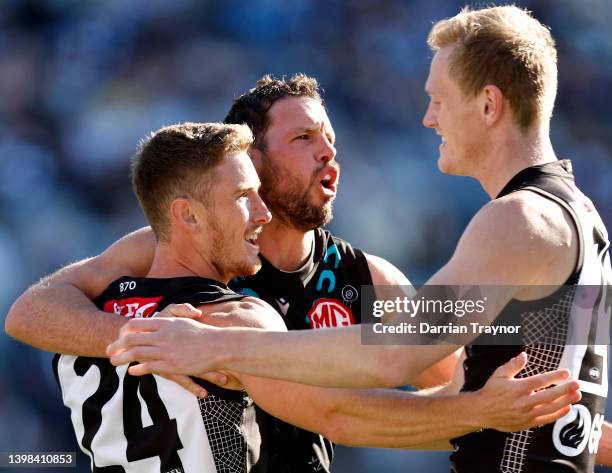 Kane Farrell of the Power celebrates a goal during the round 10 AFL match between the Geelong Cats and the Port Adelaide Power at GMHBA Stadium on...