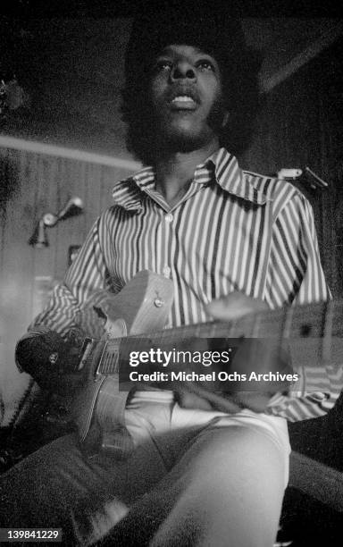 Singer Sly Stone of the psychedelic soul group 'Sly And The Family Stone' plays a Fender Telecaster electric guitar on March 9, 1969.