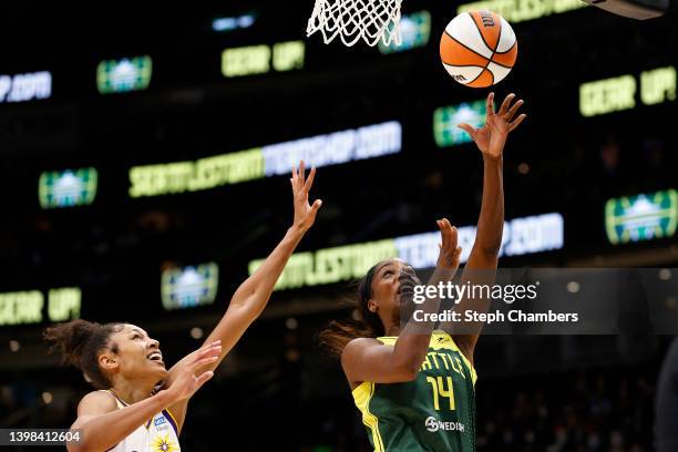 Jantel Lavender of the Seattle Storm shoots against the Los Angeles Sparks during the second half at Climate Pledge Arena on May 20, 2022 in Seattle,...