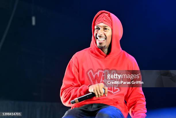 Nick Cannon performs onstage during opening night of Nick Cannon Presents: MTV Wild 'N Out Live at Cellairis Amphitheatre at Lakewood on May 20, 2022...