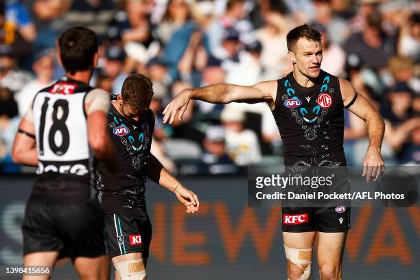 Robbie Gray of the Power celebrates kicking a goal during the round 10 AFL match between the Geelong Cats and the Port Adelaide Power at GMHBA...