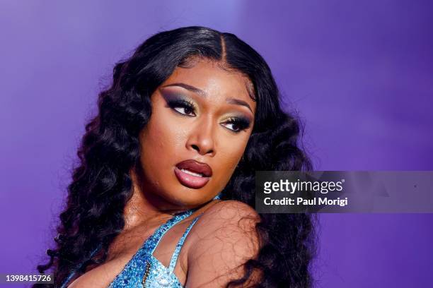 Megan Thee Stallion performs during Preakness LIVE Culinary, Art & Music Festival hosted by 1/ST at Pimlico Race Course on May 20, 2022 in Baltimore,...