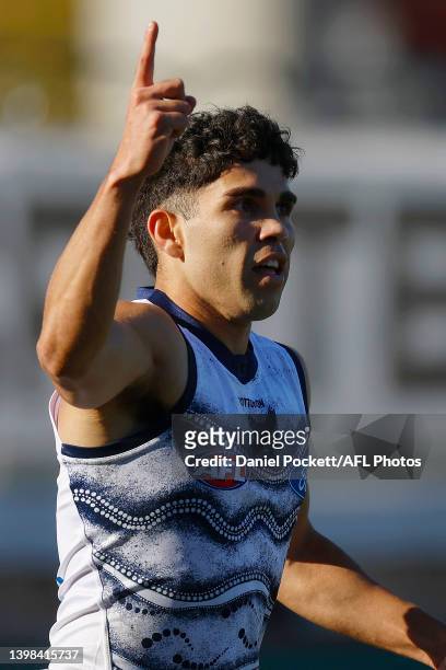 Tyson Stengle of the Cats celebrates kicking a goal during the round 10 AFL match between the Geelong Cats and the Port Adelaide Power at GMHBA...