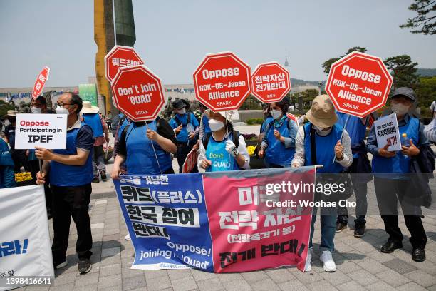 Protesters gather during an anti-U.S. Rally in front of the Presidential Office building on May 21, 2022 in Seoul, South Korea. U.S. President Joe...