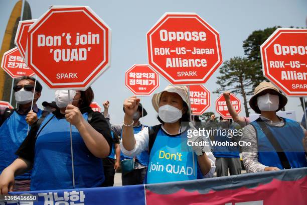 Protesters gather during an anti-U.S. Rally in front of the Presidential Office building on May 21, 2022 in Seoul, South Korea. U.S. President Joe...
