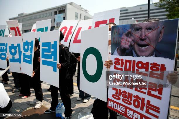 Protesters gather during an anti-U.S. Rally in front of the Presidential Office building on May 21, 2022 in Seoul, South Korea. U.S. President Joe...