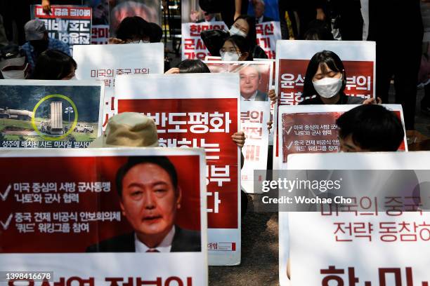 Protesters gather during an anti-U.S. Rally in front of the Presidential Office building on May 21, 2022 in Seoul, South Korea. U.S. President Joe...