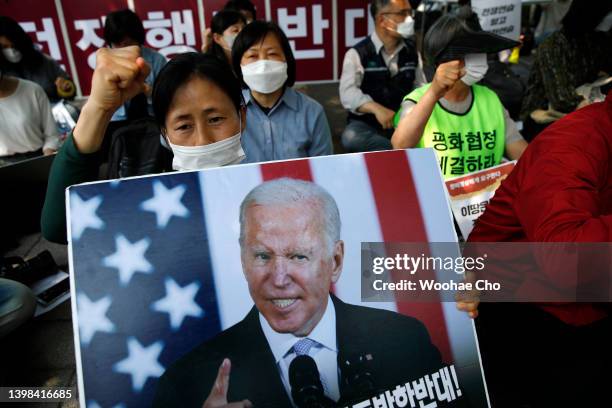 Protesters gather during an anti-U.S. Rally in front of the Presidential Office building on May 21, 2022 in Seoul, South Korea. U.S. President Joe...