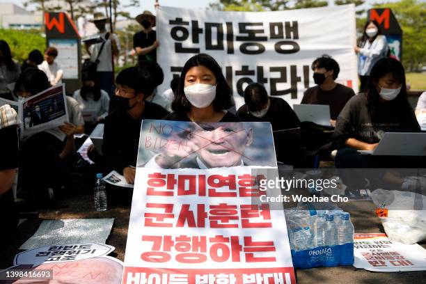Protesters gather during an anti-U.S. Rally in front of the Presidential Office building on May 21, 2022 in Seoul, South Korea. U.S. President Joe...