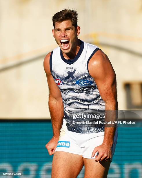 Tom Hawkins of the Cats reacts after missing a shot on goal during the round 10 AFL match between the Geelong Cats and the Port Adelaide Power at...