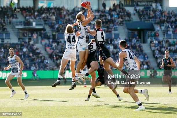 Sam De Koning of the Cats marks the ball during the round 10 AFL match between the Geelong Cats and the Port Adelaide Power at GMHBA Stadium on May...