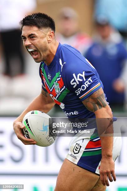 Shaun Johnson of the Warriors celebrates scoring a try during the round 11 NRL match between the St George Illawarra Dragons and the New Zealand...