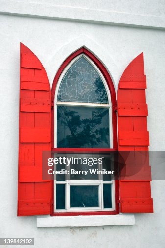 Red window shutters on St. Mary's Pro-Cathedral, Anglican, Episcopal, est. 1899, Grand Turk, Turks and Caicos, Caribbean