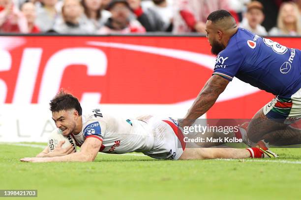 Cody Ramsey of the Dragons scores a try during the round 11 NRL match between the St George Illawarra Dragons and the New Zealand Warriors at...