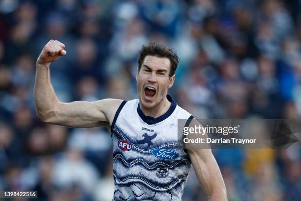 Jeremy Cameron of the Cats celebrates a goal during the round 10 AFL match between the Geelong Cats and the Port Adelaide Power at GMHBA Stadium on...