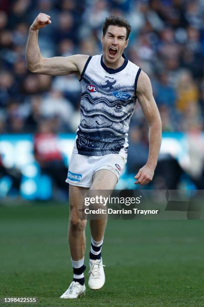 Jeremy Cameron of the Cats celebrates a goal during the round 10 AFL match between the Geelong Cats and the Port Adelaide Power at GMHBA Stadium on...