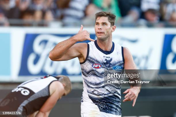 Tom Hawkins of the Cats celebrates a goal during the round 10 AFL match between the Geelong Cats and the Port Adelaide Power at GMHBA Stadium on May...