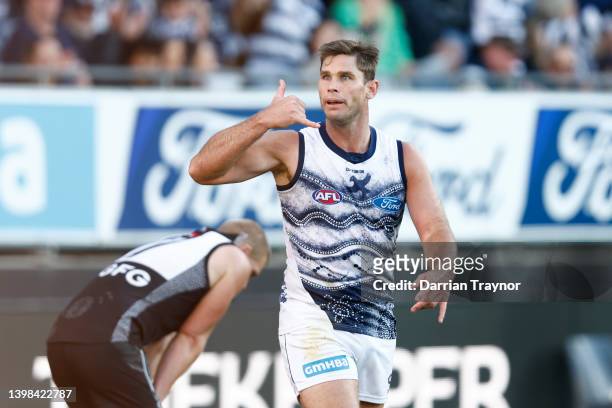 Tom Hawkins of the Cats celebrates a goal during the round 10 AFL match between the Geelong Cats and the Port Adelaide Power at GMHBA Stadium on May...