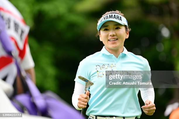 Chie Arimura of Japan smiles after the birdie on the 15th green during the third round of Bridgestone Ladies Open at Sodegaura Country Club Sodegaura...