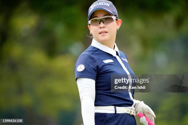 Kotono Kozuma of Japan watches her tee shot on the 4th hole during the final round of the Twin Fields Ladies at Golf Club Twin Fields on May 21, 2022...