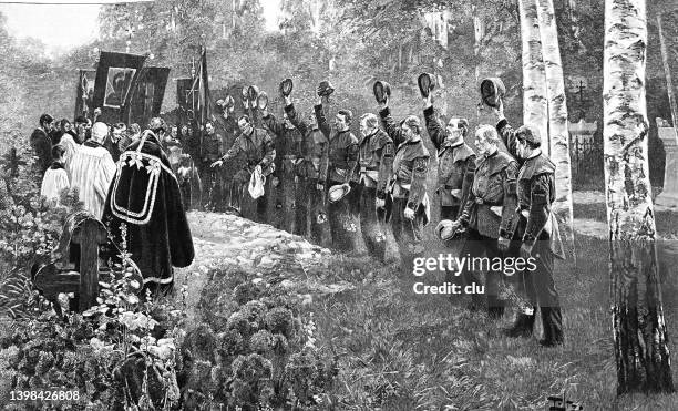 funeral of a miner in a birch tree forest - funeral stock illustrations