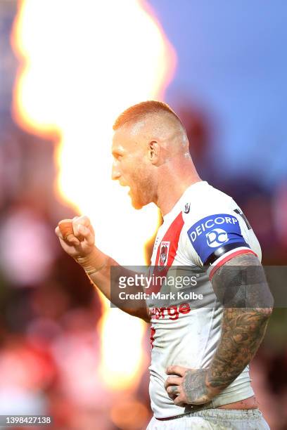 Tariq Sims of the Dragons celebrates victory during the round 11 NRL match between the St George Illawarra Dragons and the New Zealand Warriors at...