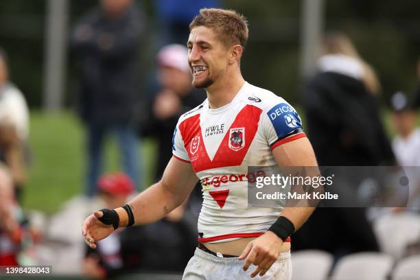 Zac Lomax of the Dragons celebrates scoring a try during the round 11 NRL match between the St George Illawarra Dragons and the New Zealand Warriors...