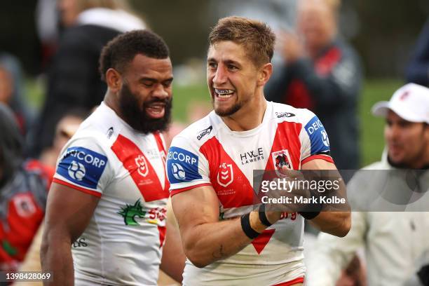 Zac Lomax of the Dragons celebrates scoring a try during the round 11 NRL match between the St George Illawarra Dragons and the New Zealand Warriors...