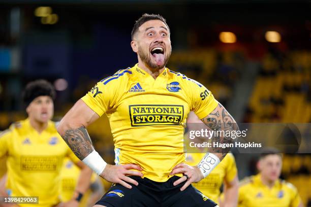 Perenara of the Hurricanes performs a haka during the round 14 Super Rugby Pacific match between the Hurricanes and the Melbourne Rebels at Sky...