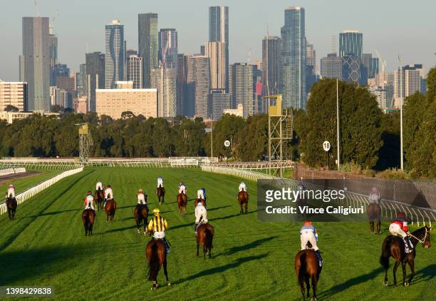 General view horses horses pulling up around the back straight after Race 9, the Off The Track Community Trophy, during Melbourne Racing at...