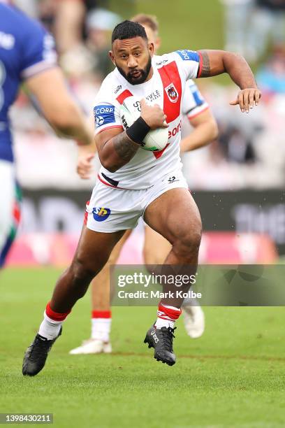 Francis Mogo of the Dragons runs with the ball during the round 11 NRL match between the St George Illawarra Dragons and the New Zealand Warriors at...