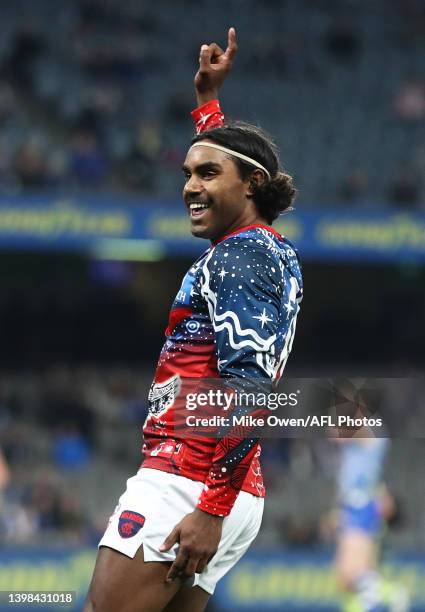 Kysaiah Pickett of the Demons celebrates after kicking a goal during the round 10 AFL match between the North Melbourne Kangaroos and the Melbourne...