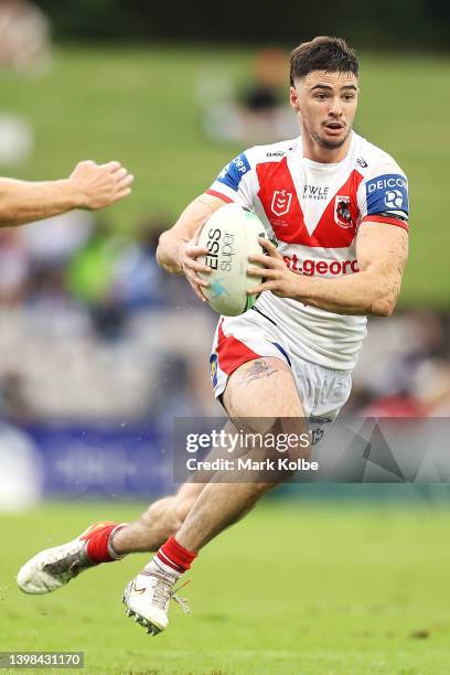 Cody Ramsey of the Dragons runs with the ball during the round 11 NRL match between the St George Illawarra Dragons and the New Zealand Warriors at...