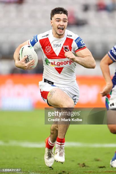 Cody Ramsey of the Dragons makes a break during the round 11 NRL match between the St George Illawarra Dragons and the New Zealand Warriors at...