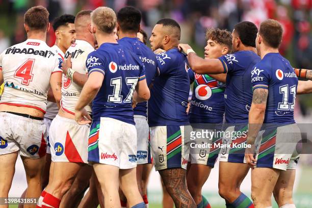 Players scuffle during the round 11 NRL match between the St George Illawarra Dragons and the New Zealand Warriors at Netstrata Jubilee Stadium, on...