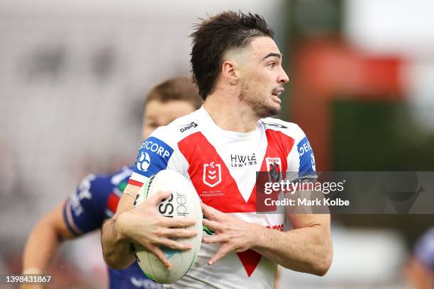 Cody Ramsey of the Dragons makes a break during the round 11 NRL match between the St George Illawarra Dragons and the New Zealand Warriors at...