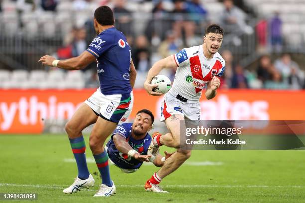 Cody Ramsey of the Dragons makes a break during the round 11 NRL match between the St George Illawarra Dragons and the New Zealand Warriors at...