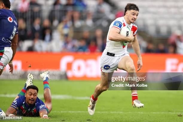 Cody Ramsey of the Dragons makes a break during the round 11 NRL match between the St George Illawarra Dragons and the New Zealand Warriors at...